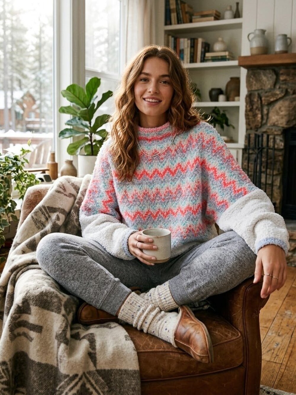 Anthropologie Pilcro Selene Sweater 3X Fair Isle Sherpa Fleece Plush Pullover
